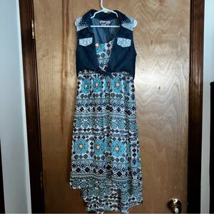 Girls Cute Black and Blue Asymmetrical High-Low Sundress with faux vest EUC